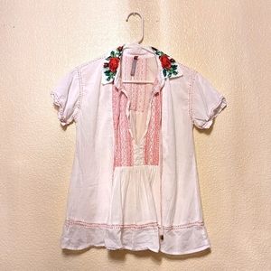 Embroidered White Blouse with Red & Green Designs by Scee
